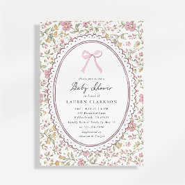 Vintage Floral Pink Bow Baby Shower Invitation 招待状