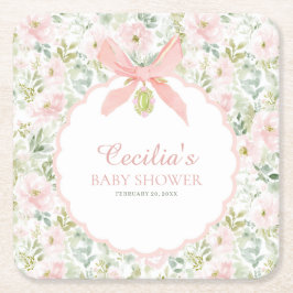 Vintage Floral Pink Bow Girl Baby Shower スクエアペーパーコースター