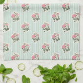 Vintage Floral Pink Roses Green Striped キッチンタオル (折り畳み)