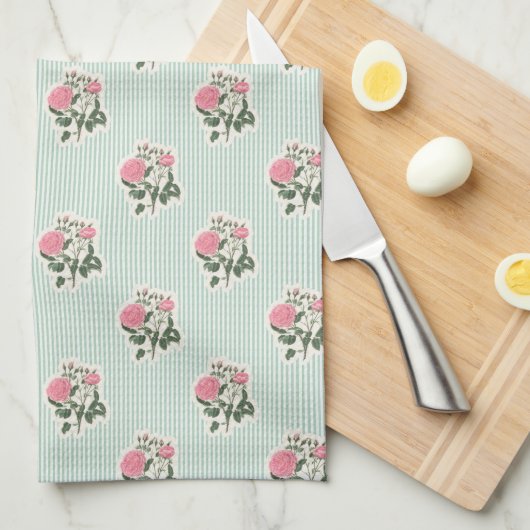 Vintage Floral Pink Roses Green Striped キッチンタオル (四つ折り)