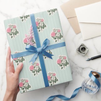 Vintage Floral Pink Roses Green Stripes Pattern ラッピングペーパー