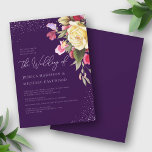 Vintage Floral Purple Pink Yellow Rose Wedding 招待状<br><div class="desc">Elegant bouquet of yellow rose and pink,  red,  lilac sweet pea flowers,  green leaves and buds. Dark purple background. Elegant lettering. Bold,  contrast and striking wedding design. Artwork is based off a vintage card.</div>