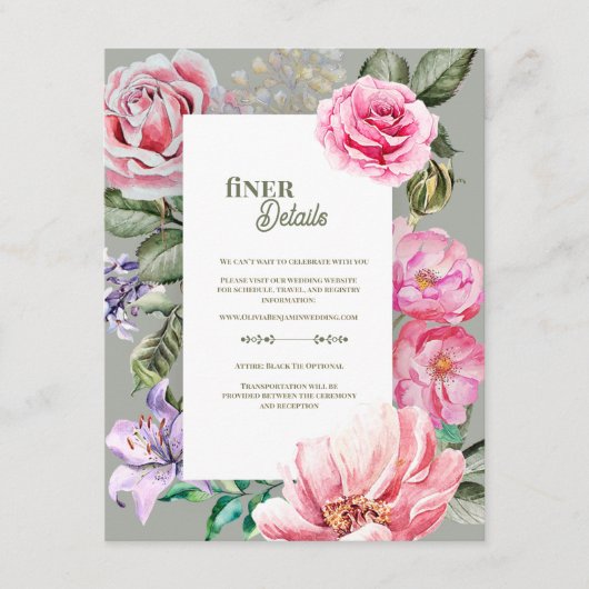 Vintage Floral Romantic Botanical Wedding Details エンクロージャーカード (正面)