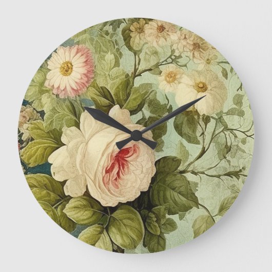 Vintage Floral Rose Greenery  ラージ壁時計 (正面)