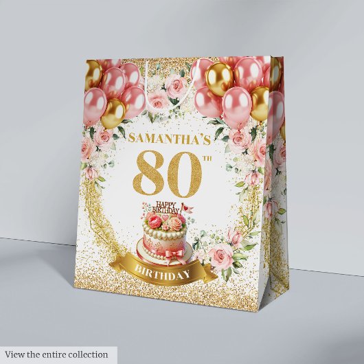 Vintage Floral Script 80th Birthday Celebration  ミディアムペーパーバッグ