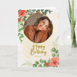 Vintage Floral Script Circle Photo Birthday カード