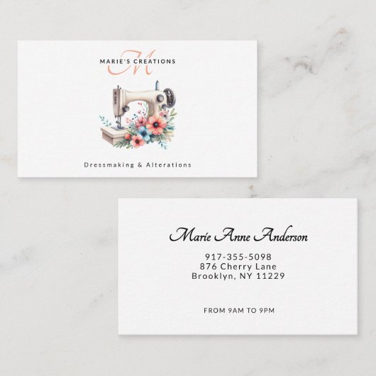 Vintage Floral Sewing Machine Monogrammed 名刺 (正面/裏面)