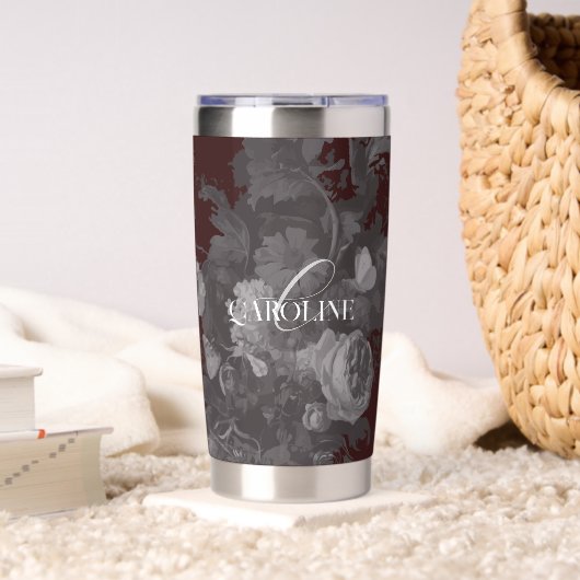 Vintage Floral Still Life Artistic Burgundy 保温保冷タンブラー (リビング (回転後))