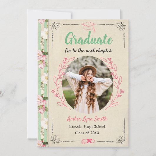Vintage Floral Story Book Graduation 招待状 (正面)