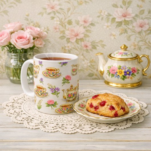 Vintage Floral Teapot Teacup Pattern コーヒーマグカップ