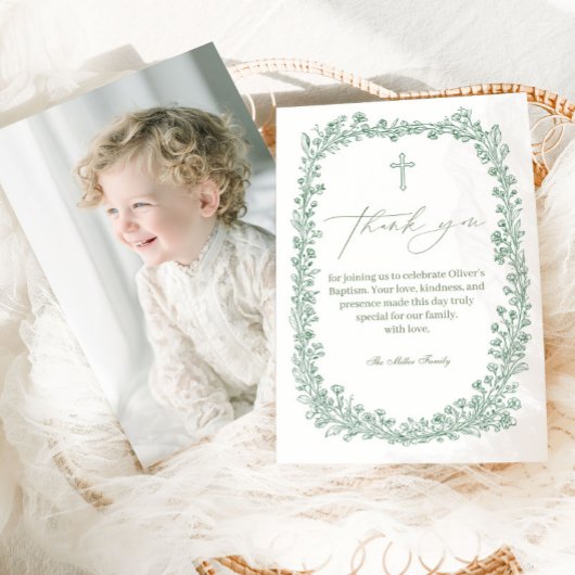 Vintage Floral Toile Baptism サンキューカード