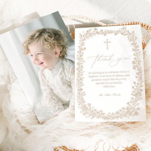 Vintage Floral Toile Baptism サンキューカード