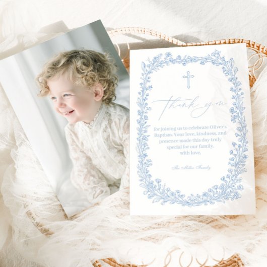 Vintage Floral Toile Light Blue Baptism サンキューカード