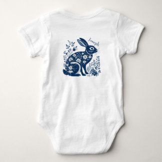 Vintage Floral Victorian Navy Blue Easter Bunny  ベビーボディスーツ