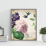 Vintage Floral Wall Art  ポスター<br><div class="desc">Flowers and swallows feature in this delightful vintage style artwork. It would add the perfect touch to your French country,  farmhouse or cottage decor.</div>