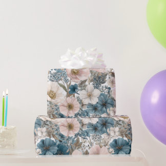Vintage Floral Watercolor Blue Pink ラッピングペーパー