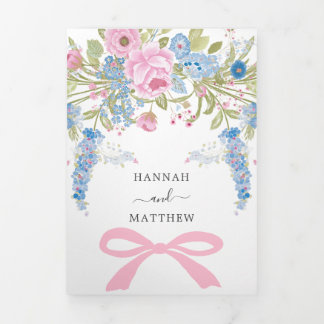 Vintage Floral Watercolor Pink Blue Wedding 三つ折り招待状