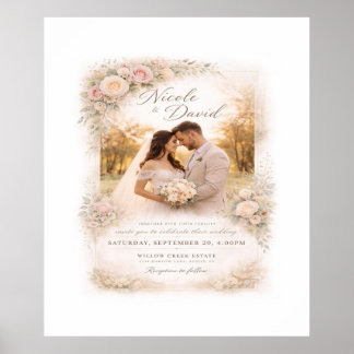 Vintage Floral Wedding Poster — Custom Photo & Nam ポスター