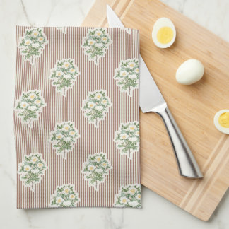 Vintage Floral White Roses Brown Striped キッチンタオル