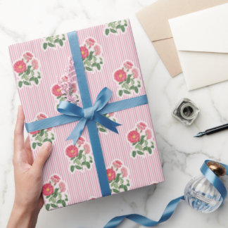 Vintage Floral Wild Roses Pink Stripes Pattern ラッピングペーパー