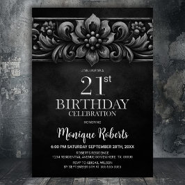 Vintage Flower Black 21st Birthday Party 招待状