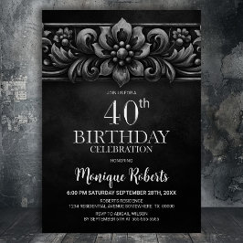 Vintage Flower Black 40th Birthday Party 招待状