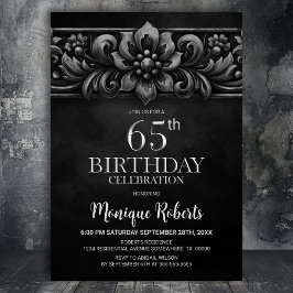 Vintage Flower Black 65th Birthday Party 招待状