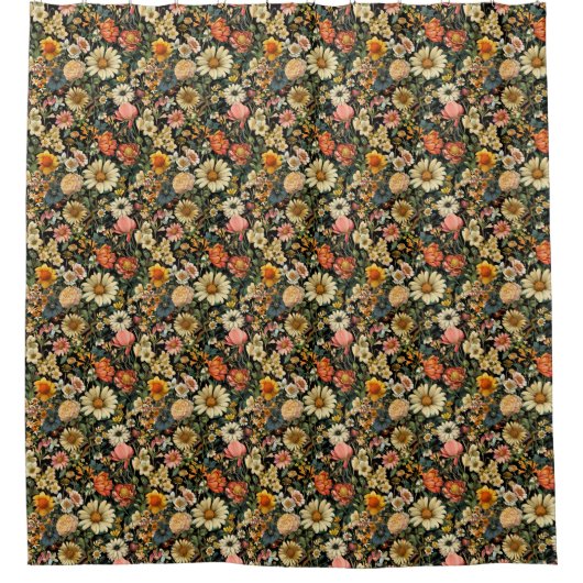 Vintage Flower Blooms Seamless Pattern シャワーカーテン (正面)