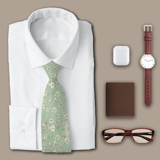 Vintage Flowers Antique Green Personalize Initial ネクタイ