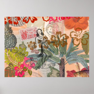 Vintage Flowers Hula Colorful Hawaiian Tropical ポスター