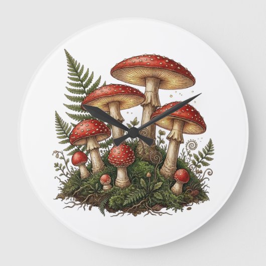 Vintage Fly Agaric Mushroom Illustration ラージ壁時計 (正面)