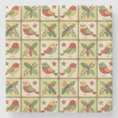 Vintage Folk Art Christmas Bird Holly Pattern ストーンコースター (正面)