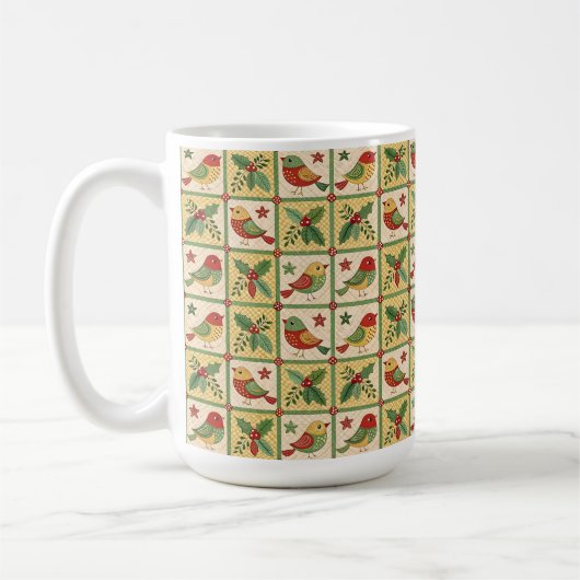 Vintage Folk Art Christmas Birds & Holly Berry コーヒーマグカップ (左)