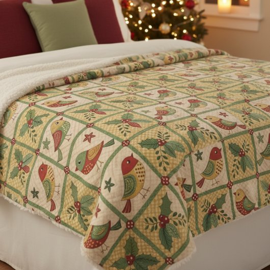 Vintage Folk Art Christmas Birds & Holly Berry シェルパブランケット