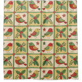 Vintage Folk Art Christmas Birds & Holly Berry シャワーカーテン (正面)