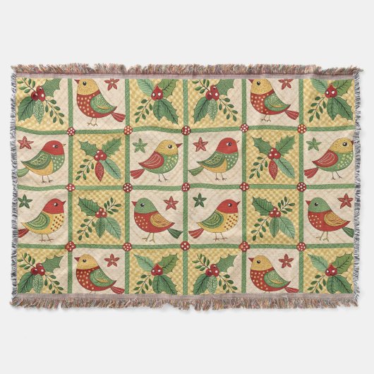 Vintage Folk Art Christmas Birds & Holly Berry スローブランケット (正面)