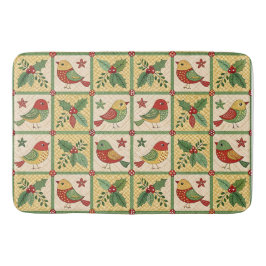 Vintage Folk Art Christmas Birds & Holly Berry バスマット