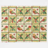 Vintage Folk Art Christmas Birds & Holly Berry フリースブランケット (正面(横))