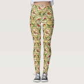 Vintage Folk Art Christmas Birds & Holly Berry レギンス (正面)