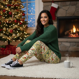 Vintage Folk Art Christmas Birds & Holly Berry レギンス