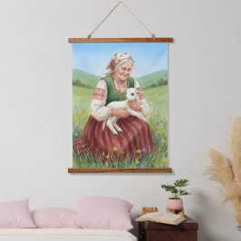 Vintage Folk Art Grandma Lamb Hanging Canvas Art 吊り下げ型タペストリー