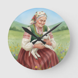 Vintage Folk Art Grandma Lamb Wall Clock ラウンド壁時計