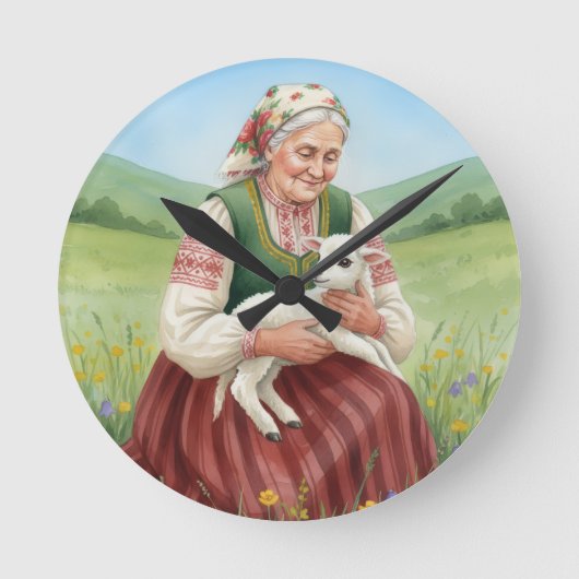 Vintage Folk Art Grandma Lamb Wall Clock ラウンド壁時計 (正面)
