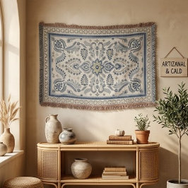 Vintage Folk Floral Medallion Rug in Soft Blues スローブランケット