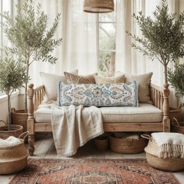 Vintage Folk Floral Medallion Rug in Soft Blues ボディピロー