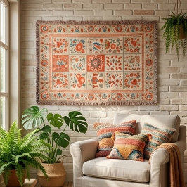 Vintage Folk Style Floral Panel Rug with Star スローブランケット
