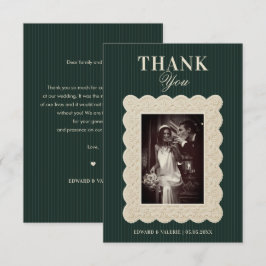 Vintage Forest Green Stripes & Ivory Lace Wedding サンキューカード