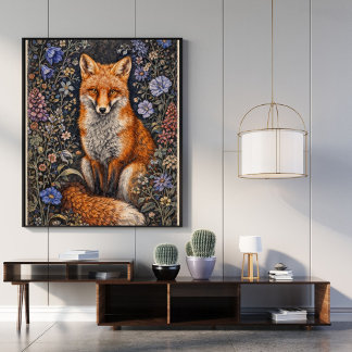 Vintage Fox Floral Art Poster | Woodland Animal ポスター