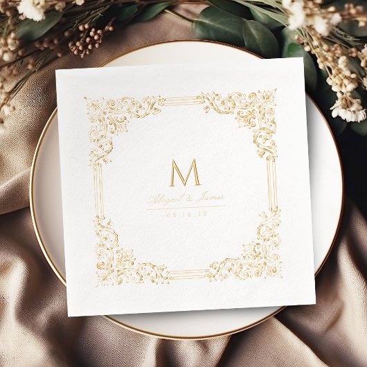 Vintage Frame Elegant Wedding Monogram 箔ナプキン
