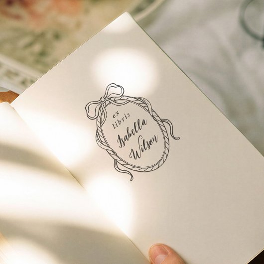 Vintage Frame Whimsical Bow Ex Libris Script Book ラバースタンプ